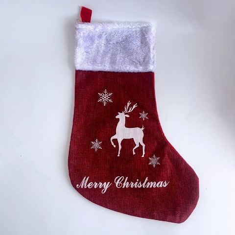 Chaussette de Noël Pour Décoration Maison Brodée Renne Père Noël Sapin de Noël Aspect Lin Polyester Chaussette Suspendue