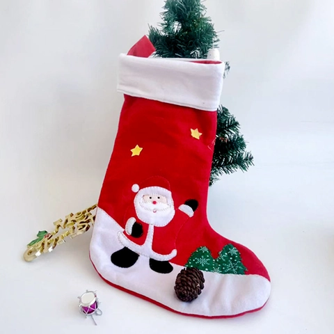 Cartoon Santa Claus Christmas Stocking Red Polyester Hanging Gift Bag For Xmas Holiday Party Home Indoor Decoration