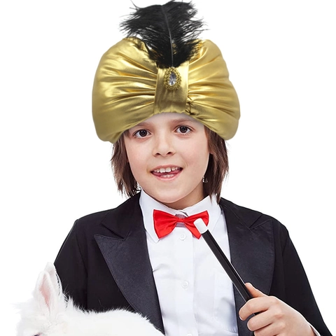 Golden Sultan Turban Hat With Black Feather And Gem Arabian Style Cosplay Hat For Halloween Easter Party Costume Accessory