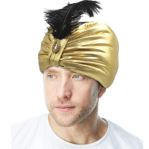Goud Polyester Arabische Sultan Tulband Hoed Met Veer Edelstein Exotische Performance Hoofdtooi Voor Halloween Carnaval Feest