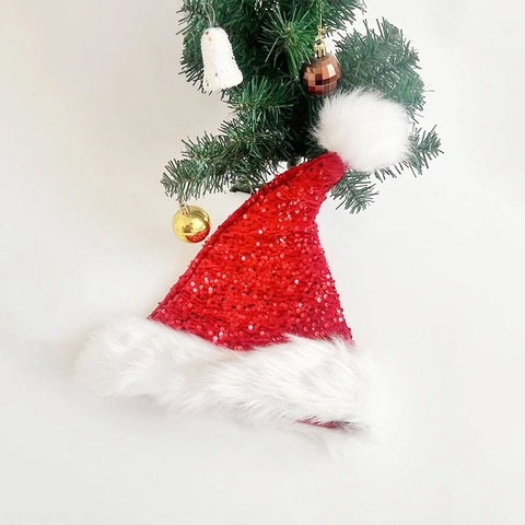 Bonnet de Noël Créatif à Paillettes Rouges pour Adultes Décorations de Fête de Noël Bordure en Peluche Douce