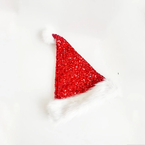 Bonnet de Noël Créatif à Paillettes Rouges pour Adultes Décorations de Fête de Noël Bordure en Peluche Douce