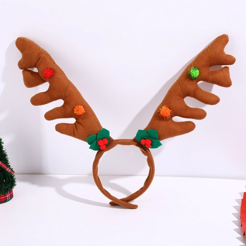 Cerchietto con Corna di Renna di Natale per Decorazione Festa Cerchietto in Peluche Marrone con Pompon Colorati e Foglie di Agrifoglio