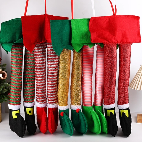 Weihnachten Elfenbeine Hängedekoration Für Auto Kofferraum Zuhause Lustige Gefüllte Elfenfüße Plüsch Ornamente Gestreift Kariert