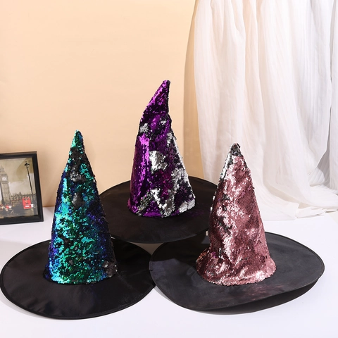 Sombrero de Mago con Lentejuelas Reversibles Brillante Sombrero de Bruja para Halloween Navidad Fiesta Accesorio Mujer