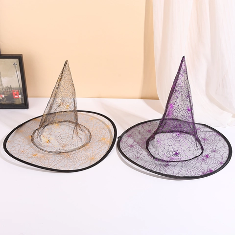 Cappello da Strega di Halloween con Ragnatela Cappello a Punta in Organza per Festa in Maschera Spettacolo Viola Oro