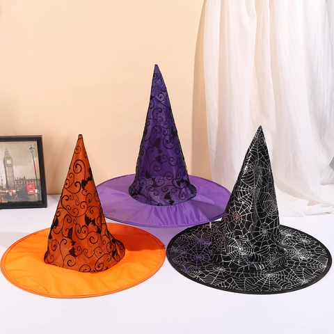 Halloween Hexenhut Polyester Spitz Zaubererhut Mit Fledermaus Spinnennetz Druck Für Maskerade Cosplay Kostüm Party Requisite