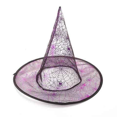 Cappello da Strega di Halloween con Ragnatela Cappello a Punta in Organza per Festa in Maschera Spettacolo Viola Oro
