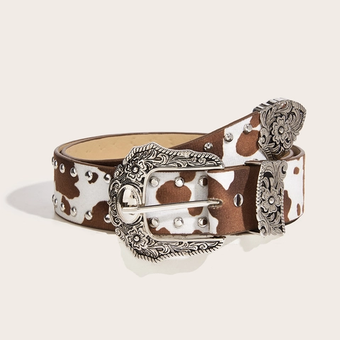 Damen Westlicher Gürtel mit Kuhmuster Retro Geschnitzte Legierungsschnalle Nieten PU-Leder Hüftgurt Leopard Zebra Mode Gürtel