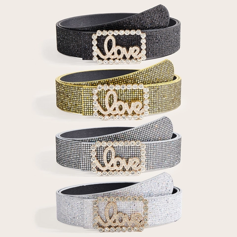 Damen Vintage Pailletten Strass Mode Gürtel Kunstleder Love Buchstaben Schnalle Funkelnde Taille Gurt Für Party Kleider