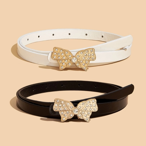 Schmetterling Strass Schnalle Schmal Kunstleder Gürtel Für Kinder Damen Dünn Taillengurt Schwarz Weiß Verstellbar Mode Accessoire