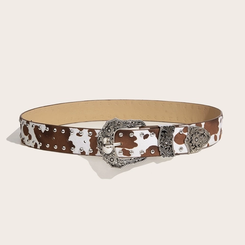 Damen Westlicher Gürtel mit Kuhmuster Retro Geschnitzte Legierungsschnalle Nieten PU-Leder Hüftgurt Leopard Zebra Mode Gürtel