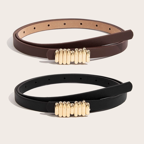 Damen Dünner PU Ledergürtel Eleganter Legierung Gold Wellenschnalle Hüftkette Für Kleider Anzüge Mäntel Pullover Mode Schmuck Accessoire
