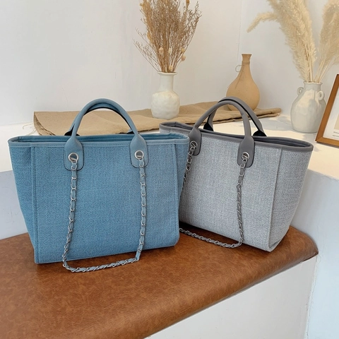 Damen Große Kapazität Leinwand Tragetasche Casual Webstruktur Umhängetasche Mit Metallkette Riemen PU Leder Besatz Henkeltasche