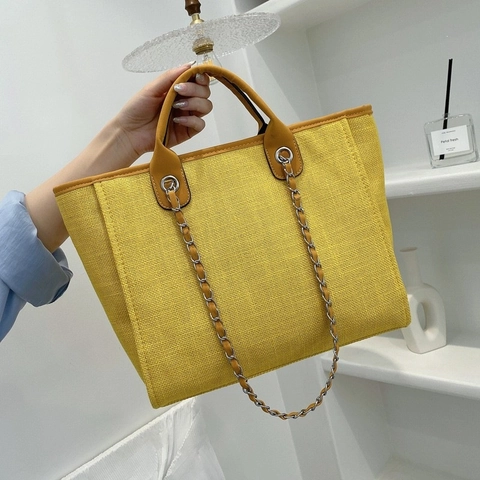 Damen Große Kapazität Leinwand Tragetasche Casual Webstruktur Umhängetasche Mit Metallkette Riemen PU Leder Besatz Henkeltasche