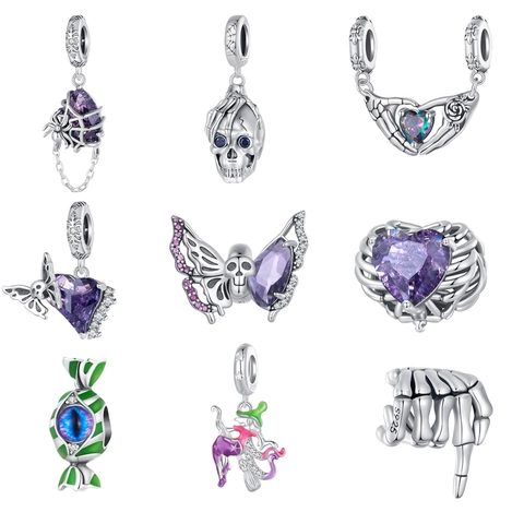 925 Sterling Silver Halloween Skeleton Charms Purple Zirconia Gothic Witch Spider Enamel Beads For DIY Bracelet Necklace Making Jewelry