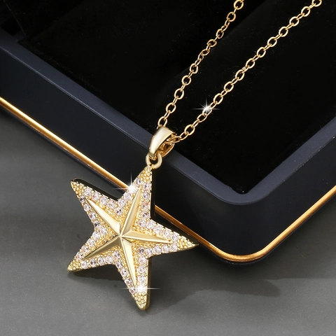 Collana con Pendente a Stella Pentagramma in Rame Zirconia Placcato Oro 14K Gioielli Catena Clavicola Hip Hop per Donna