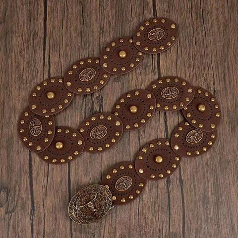 Cinturón Ancho Vintage Western para Mujer de Cuero Artificial con Decoración de Remaches Hebilla Cabeza de Toro Texas Longhorn