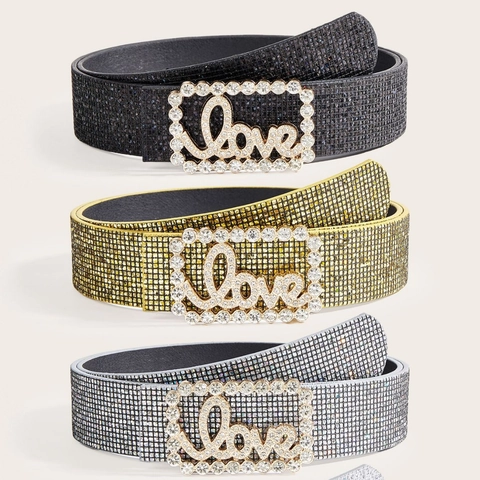 Damen Vintage Pailletten Strass Mode Gürtel Kunstleder Love Buchstaben Schnalle Funkelnde Taille Gurt Für Party Kleider