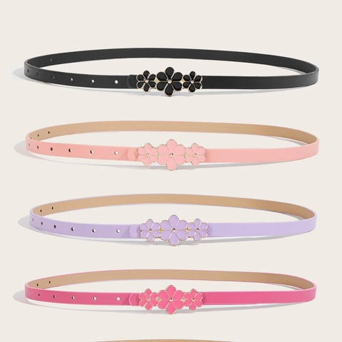 Cintura Sottile in Pelle PU Moda Donna Bambini Fibbia a Pressione a Fiore Retrò Cintura Dolce Decorativa per Jeans Vestito