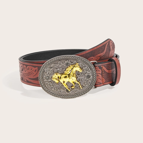 Cinturón de Cuero PU de Vaquero Occidental Americano Vintage con Patrón Floral en Relieve Hebilla de Caballo Dorado Hombre Moda