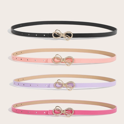 Cinturón de Cuero Sintético de Moda para Mujeres Niños Elegante Hebilla de Lazo de Strass Cinturón Delgado para Vaqueros Vestidos