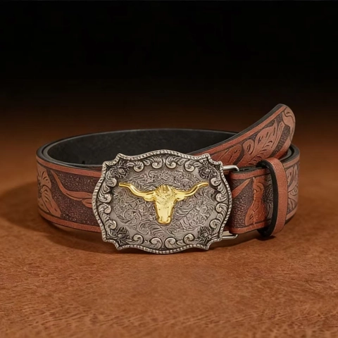 Cintura in Pelle PU Vintage Western Cowboy per Uomo Donna Cinturino in Vita Floreale Goffrato Con Fibbia in Lega di Testa di Toro Accessori Y2K