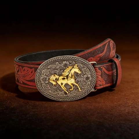 Cinturón de Cuero PU de Vaquero Occidental Americano Vintage con Patrón Floral en Relieve Hebilla de Caballo Dorado Hombre Moda