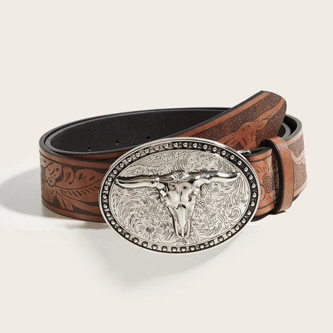Western Cowboy Vintage Embossed PU Leather Belt For Men Relief Bull Head Buckle Retro Fashion Decorative Waist Belt Brown
