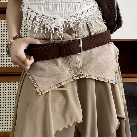 Cinturón de Cuero PU Retro Bohemio para Mujer con Borde Trenzado a Mano Hebilla de Pasador Moda para Jeans Falda Accesorios