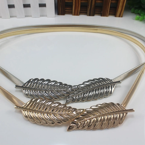 Cinturón Elástico de Resorte Decorativo de Hoja de Metal para Mujer Elegante Cadena de Cintura de Metal para Vestidos Accesorios Oro Plata