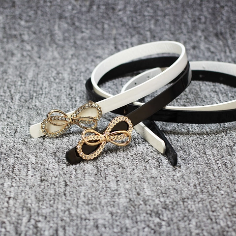 Elegant Women Thin PU Leather Belt Shiny Rhinestone Bow Knot Buckle Decorative Waist Strap For Dress Long Shirt Accessory