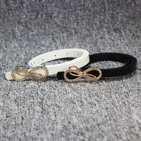 Elegant Women Thin PU Leather Belt Shiny Rhinestone Bow Knot Buckle Decorative Waist Strap For Dress Long Shirt Accessory