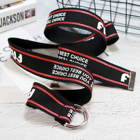 Cintura Casual in Nylon e Tela per Uomo Donna Fibbia a Doppio Anello a D Stampa Lettere Cinturino a Righe Accessorio Streetwear
