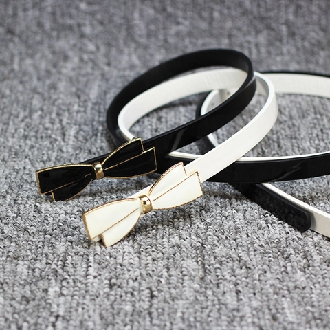 Women Sweet Bowknot Buckle Thin Belt Patent PU Leather Waist Strap Gold Trim Decorative Belt For Dress Long Shirt
