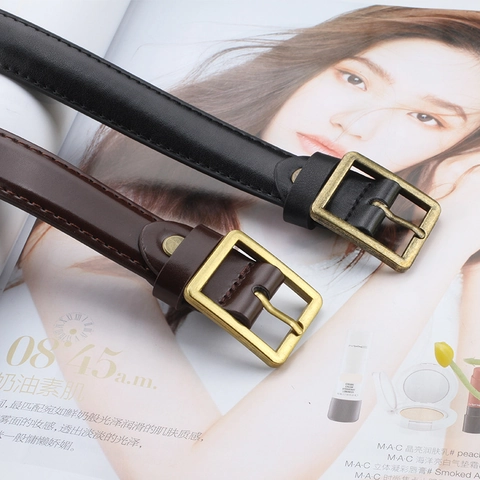 Vintage Retro PU Leather Belt For Women Square Bronze Pin Buckle Thin Waistband Casual Korean Fashion Solid Color Jeans Belt