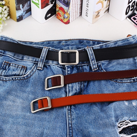 Women's Skinny PU Leather Belt Minimalist Adjustable Waistband With Round Square Metal Buckle Fashion Belt For Jeans Dress