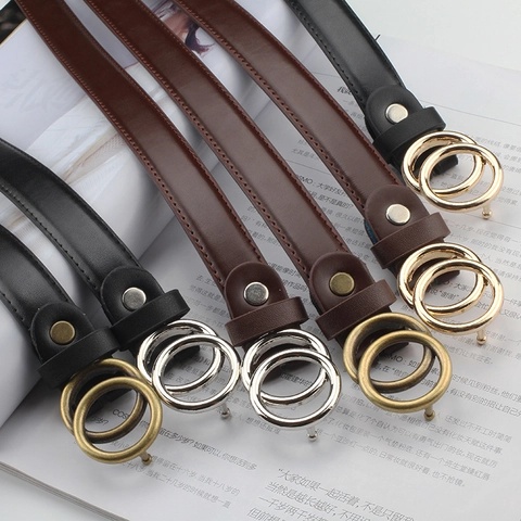 Vintage Double Ring Skinny PU Leather Belt For Women Gold Silver Buckle Retro Minimalist Thin Waist Strap For Jeans Dress