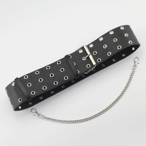 Cintura Larga Punk Donna in Finta Pelle con Tre File di Occhielli in Metallo e Catena Rimovibile Decorazione di Moda