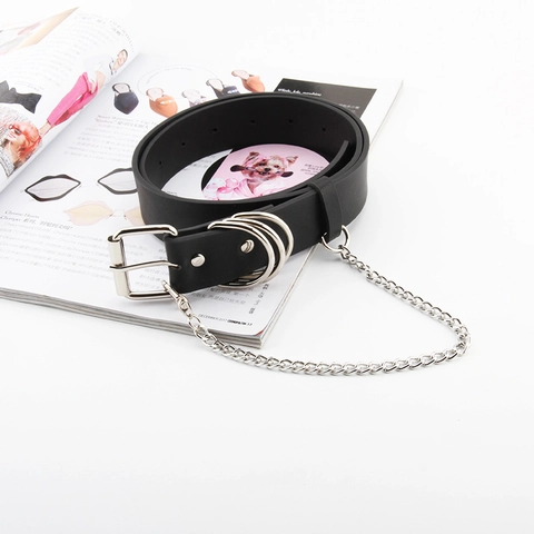 Cintura in Pelle PU Stile Punk Con Catena in Metallo Rimovibile e Fibbia 3D Streetwear Moda Cintura per Uomo Donna