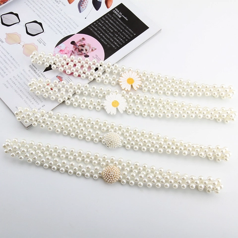 Women's Elastic Pearl Waist Chain Elegant Artificial Pearl Dress Belt With Sweet Daisy Flower And Round Pearl Buckle Accessories