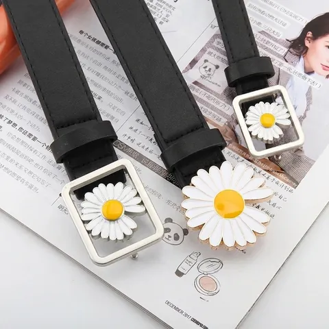 Cintura da Donna in Pelle Sintetica Vintage Elegante Semplice Fibbia a Margherita Cinturino Decorativo per Jeans Vestito Nero