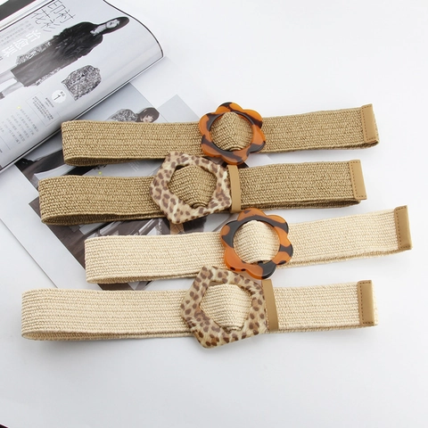 Women's Bohemian Woven Belt With Leopard Flower Buckle Elastic Straw Style Waist Strap For Dress Decoration Accessories