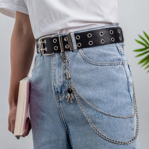 Ceinture Punk en Cuir Synthétique pour Femmes Avec Œillets en Métal à Double Rangée Chaînes Détachables Pendentif Astronaute Ceinture Streetwear Hip Hop