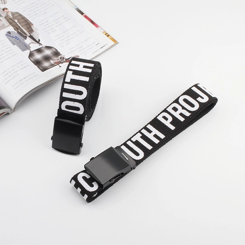Unisex Mode Segeltuch Gürtel Mit Youth Project Buchstaben Druck Matt Schwarz Glatte Schnalle Streetwear Casual Webband Gürtel
