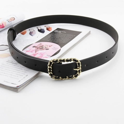 Women's Fashion PU Leather Thin Belt With Gold Chain Weave Square Pin Buckle Vintage Versatile Waist Strap For Jeans Dress