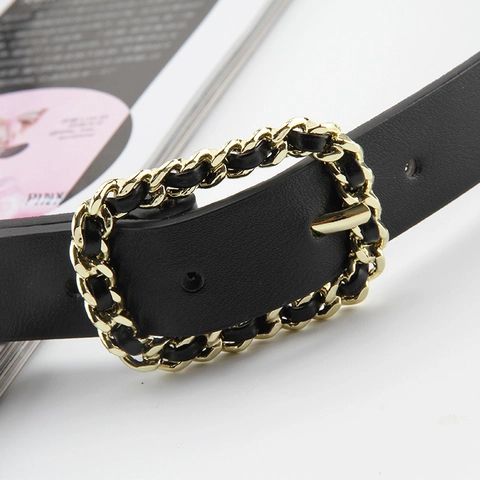 Women's Fashion PU Leather Thin Belt With Gold Chain Weave Square Pin Buckle Vintage Versatile Waist Strap For Jeans Dress