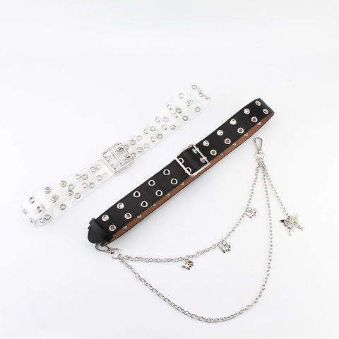 Punk Style Double Row Eyelets Transparent PVC Black PU Leather Belt With Detachable Butterfly Thorn Metal Pant Chain For Jeans Women Men