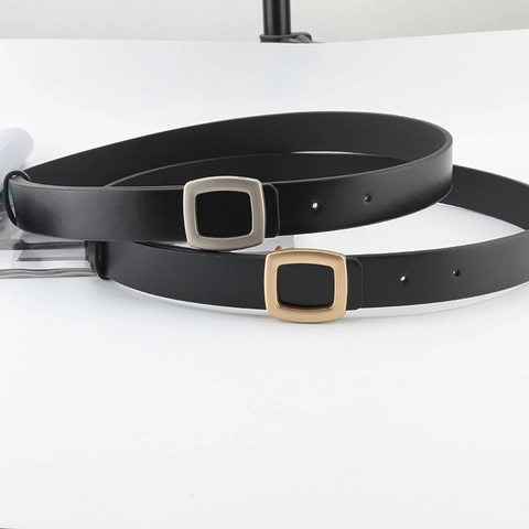 Women's Skinny PU Leather Belt With Vintage Square Alloy Buckle Minimalist Solid Color Waist Strap For Jeans Dresses