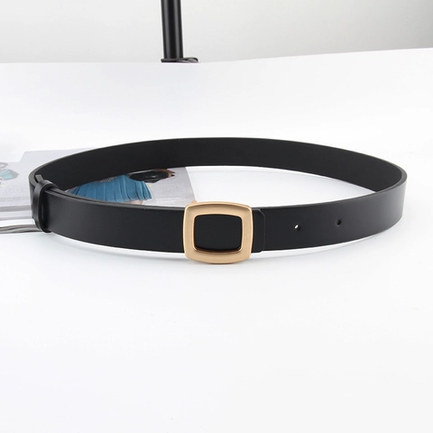 Women's Skinny PU Leather Belt With Vintage Square Alloy Buckle Minimalist Solid Color Waist Strap For Jeans Dresses